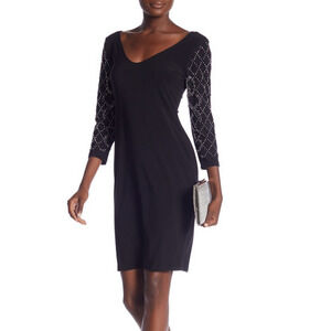Marina Women 3/4 Beaded Detailing Sleeve V-Neck Dress Black Size 4